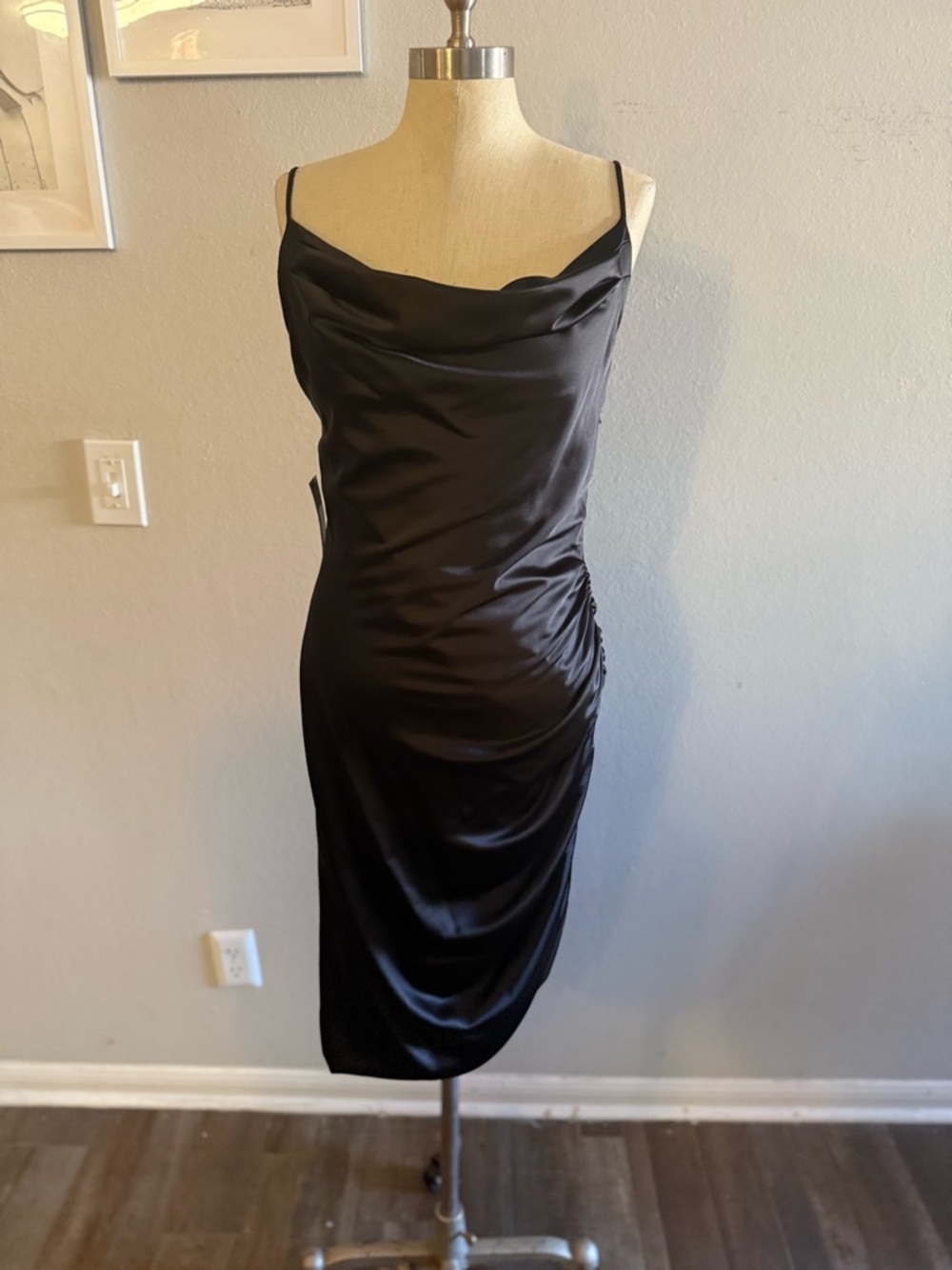 Posh Couture Black Satin Slip Dress with Thin Straps